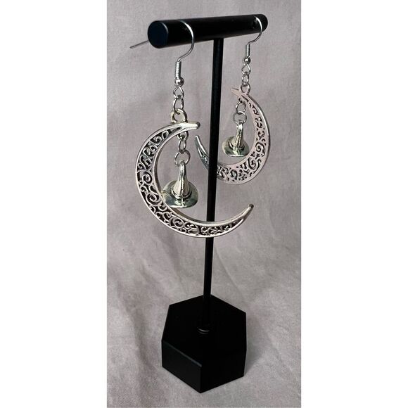 Handmade Silver Dangly Crescent Moon Earrings With Witches Hat - Picture 2 of 3